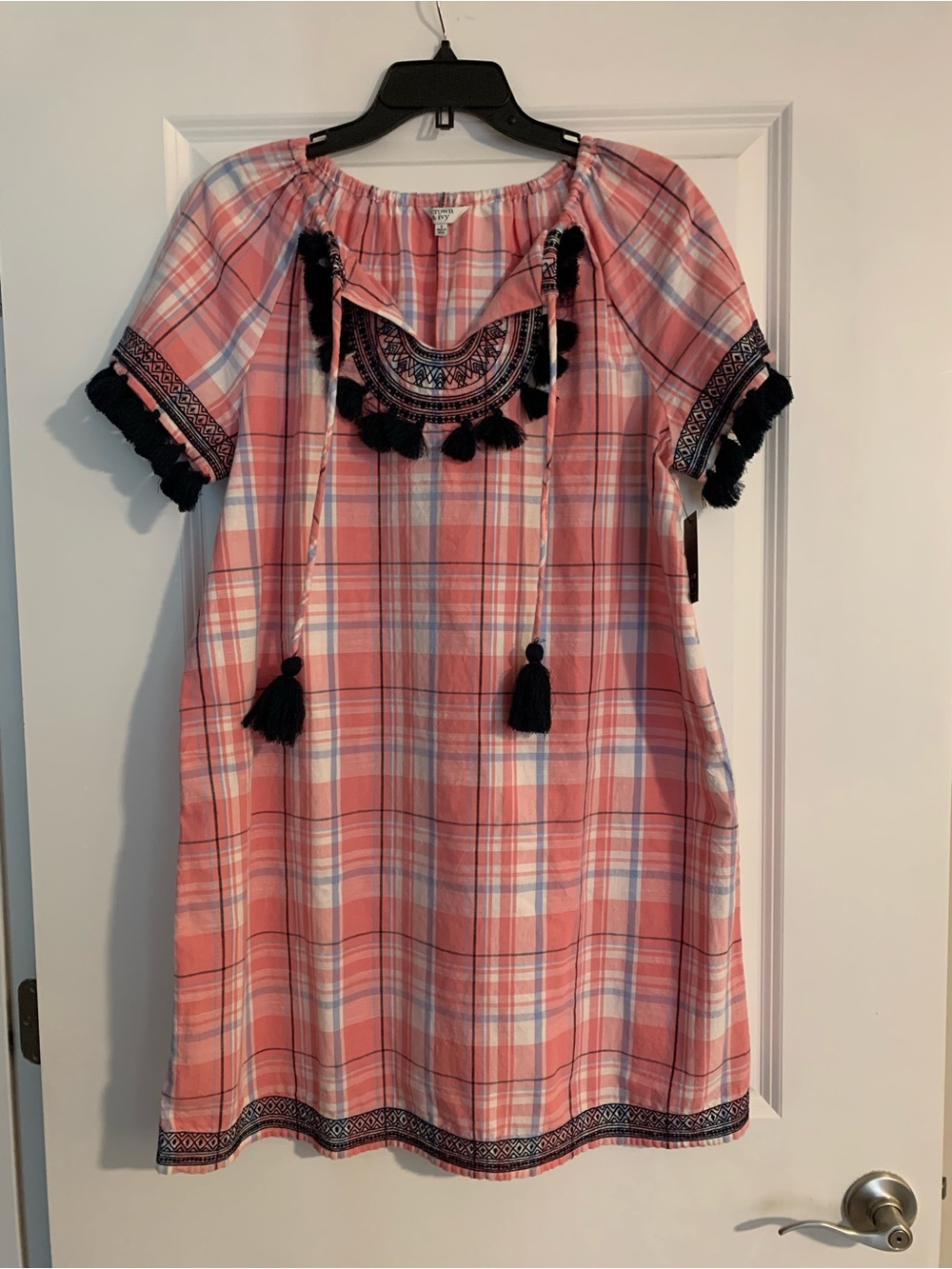 crown & ivy Pink Plaid Tassel Mini Dress with Navy Trim